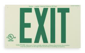 Brady 87808B Emergency Exit, Frameless Directional, Glowing Green Letters, White Background. Brady 87808B