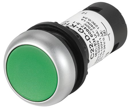 Eaton C22-D-G-K10 22mm Assembled Pushbutton, Flush, Green, C22 Eaton C22-D-G-K10